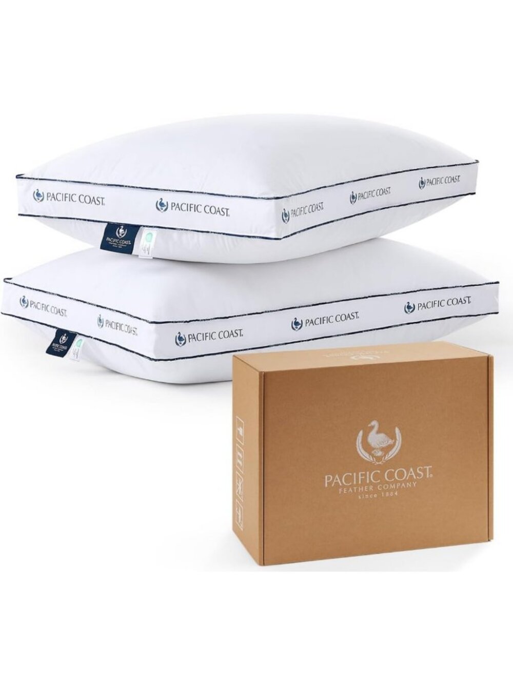 Queen Size Set of 2 Firm Goose Feather & Down Pillows for Side & Back Sleepers